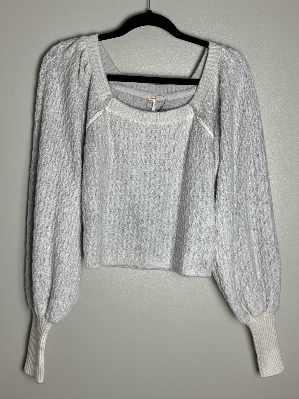 Free People Olivia Gray Cotton Blend Balloon-Sleeve Square Neck Sweater Size XS